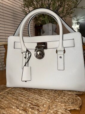 Michael Kors Ivory Saffiano Leather Satchel with Turn-Lock